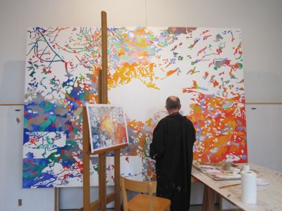 Jean-Paul Agosti devant Jardin du météore en élaboration